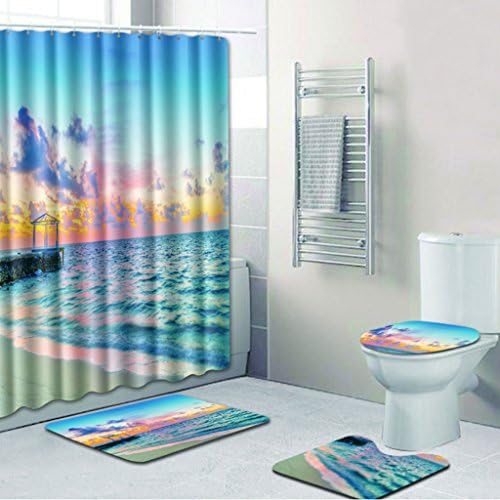 KKY-ENTER Creative Fashion 3D Stereo Seaside Sunset Pattern Bathroom Waterproof Shower Curtain Bathroom Toilet Three-piece Set Bathroom Non-slip Mat (Shower Curtain + Bath Mat + Pedestal Mat + Toilet Seat Cover Mat) ( Size : B )