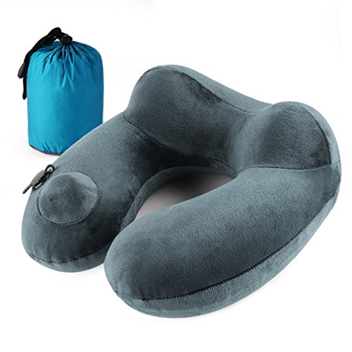 Preisvergleich Produktbild Aufblasbares Nackenkissen Aufblasbar per Knopfdruck Komprimierbar mit Tragetasche Waschbarer Fleece-Bezug Nackenhörnchen Integrierte Pumpe Reisekissen für Flugzeug Auto Zug Andake