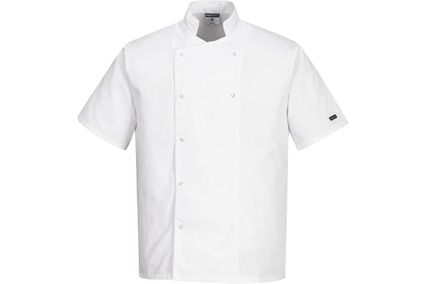 Portwest C733 Modern Lättvikts Cumbria Kortärmad Kockjacka Polybomull Kök | Vit, M, Unisex, Ståkrage, Normal Passform, Kort Ärm, 35% Bomull, Tryckknappar Fram, Hållbar, Ärmficka, Maskintvättbar