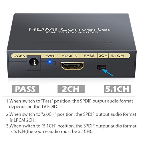Digital Analog Wandler Digitaler HDMI zu HDMI SPDIF Toslink RCA L/R Audio Konverter Adapter – HDMI Audio Extractor Splitter 2.0 – Digitales 5.1 Toslink – SPDIF & L/R Stereo Audioausgang mit USB Kabel unterstützt 1080P für Apple TV Blu-ray DVD-Player Xbox One Sky HD Box (NICHT für 4K Geräte) – Schwarz - 6