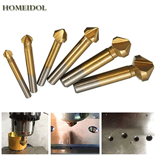 Fortag 6 tlg 3 Flute 90° Kegelsenker Satz Titan-beschichtet Kegelsenkersatz Senker Senkbohrer Senkbohrung Versenker Entgrater Set 6.3-20.5 mm