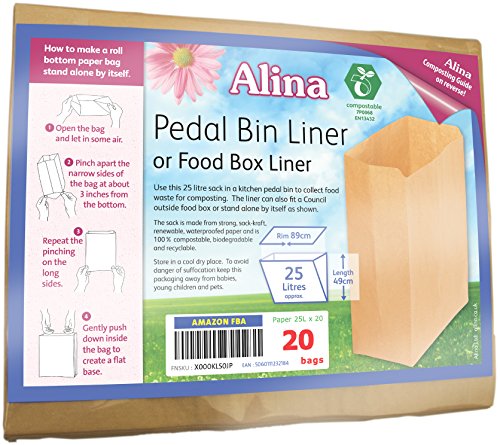 Alina 25L kompostierbar Papier Treteimer Tasche/Food Box Liner/biologisch abbaubar braun 25 Liter Papier Sack mit Alina kompostieranleitung, 20 bags - 5