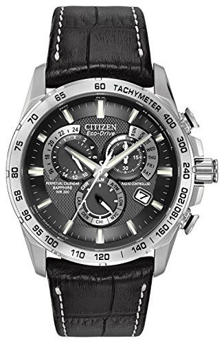 Citizen Men's Eco-Drive Chronograph Watch with a Black Dial and a Black Leather Strap AT4000-02E
