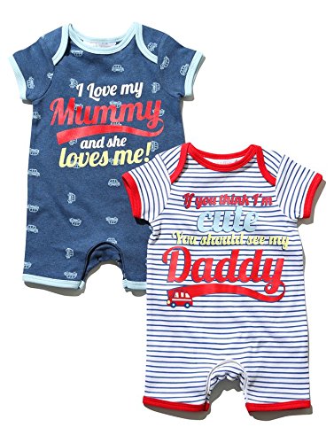 M&Co Baby Boys Short Sleeve Mummy And Daddy Slogan Stripe Car Print Summer Rompers - 2 Pack Navy Newborn