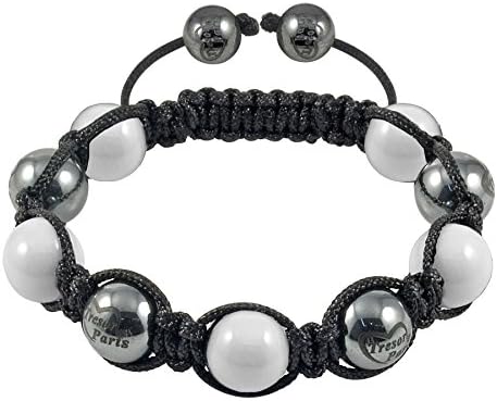 Bielle - Tresor Paris Bracelet - 9 Bead White Ceramic & Magnetite - 10mm - Black Cord - Children's