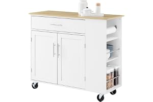 SoBuy Köksö med Arbetsyta – Rullbar Köksvagn & Serveringsvagn med Låda, Fristående Köksö på Hjul för Kök, Matsal & Utomhus, Vit 99x40x85 cm FKW133-WN