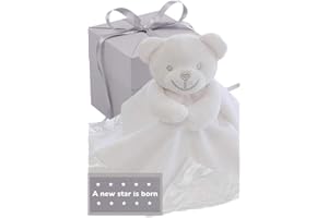 BUSHBABY ‘A New Star is Born' New Baby Comforter Blanket in Gift Box, Plush Animal Teddy Bear Soft Toy for Newborn Girls Boys (Neutral/Unisex White)