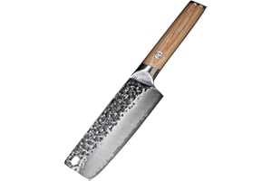 MITSUMOTO SAKARI Coltelli da Cucina Professionali 17 cm, Forgiati a Mano Coltello Cucina Nakiri, Coltello Verdure in Acciaio ad alto Tenore di Carbonio (Manico in Pakkawood)