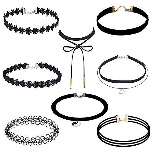 Wenseny 10 Stück Damen Hoker Halskette Velvet Spitze Choker Halsketten Tattoo Punk Gothic Halsband, Schwarz