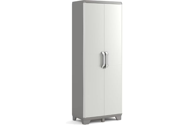 Keter Armoire Haute Utilitaire Groove - Armoire de Rangement en Résine - Étagères Modulables, Pieds Réglables - Cuisine, Garage, Atelier, Buanderie, Placard - 80 x 44 x 182cm - Beige