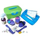 Prall gefüllte Kinder Putzbox in grün mit Putzzeug in lila Kardätsche Striegel Hufkratzer und vieles mehr + Effol Sternenglanz und Mähnengummis