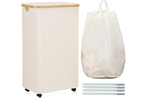 ROSOS Laundry Basket with Wheels 105 L, Laundry Basket with Lid with Removable Laundry Bag, Laundry Hamper with Lid & Easy to Carry Bamboo Handle, Foldable Laundry Basket with Lid, Beige