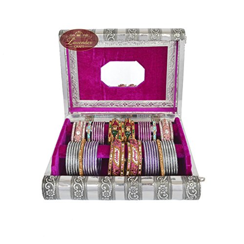 Lavender CRAFT ANTIQUE LOOK HANDMADE ELEPHANT DESIGNED PREMIUM BANGLE BOX with Mirror and 2-ROLL (8" x 11" x 3.87" INCHES) PINK VELVET
