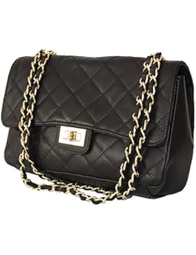 Sa-Lucca echt Leder Handtasche gesteppt mit Ketten Damentasche Ledertasche Schultertasche schwarz MADE IN ITALY