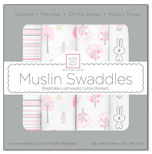 SwaddleDesigns X-Large Muslin Swaddle Blanket, Pink Thicket (Set of 4 in Pink)