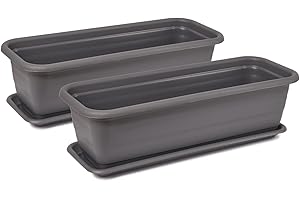 ‎TYMAR Tymar Blumenkasten mit Untersetzer, 2 Stück, Balkonkasten, Pflanzkasten aus Kunststoff, rechteckiger Blumentopf, Garten, Balkon, Terrasse(Anthrazit, 40x18,7x14,7cm)