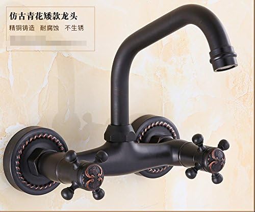 LighSCH Antique Sink Mixer Tap Bathroom Wall-Mounted Hot and Cold and Double-Hole Black
