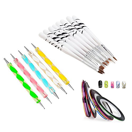 Teenxful Nail Manicure Painting Brush Double Way Dotting Pen Set and 10 Rollen Nail Strip Liner Nail Art Salon Kit