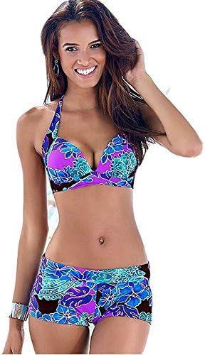 AHOOME Womens Bikini Top + Surfing Short Two Pieces Swimwear Swimsuit Set Plus Size Push Up Padded Bathing Suit