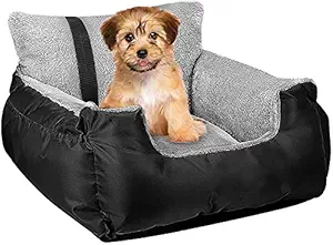 Utotol Pet Car Seat,Puppy Booster Seat Dog Travel Car Carrier Bed with Storage Pocket and Clip-on Safety Leash Removable Washable Cover for Small Dog (Black)