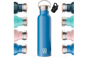 NEWLUX NuMADA-Isolierflaschen aus Edelstahl, 600 ml, mit doppelter Vakuumwand und Keramikbeschichtung. Hält kalt 24 H und warm 12 H, breite Öffnung, BPA-frei, inkl. 2 Stück (1 Sport) / Transporttasche, blau,