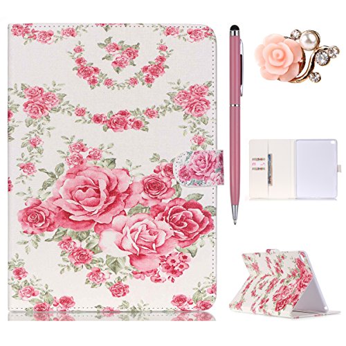 iPad 6 Lederhülle, Felfy Ultra Slim Flip Leather Case für / Apple iPad Air 2 / iPad 6 Tablet / Leder Hülle Etui Cover Handytasche / Schön Rosa Roses Blume Muster / 1x Rosa Blume Anti Dust Plug / 1x Pink Stylus