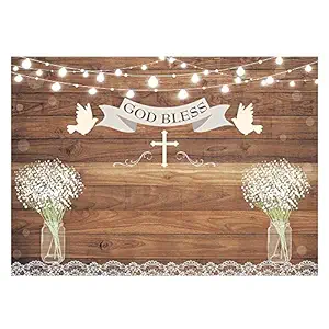 Funnytree 7x5ft First Holy Communion Baptism Party Backdrop Rustic Wood God Bless Floral Photography Background Christening Mason Jars Flower Baby Shower Cake Table Decoration Banner Photo Booth