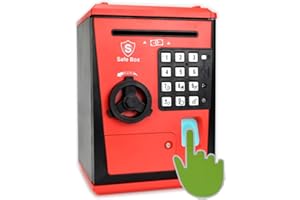 Fimleiy Kids Safe Bank with Fingerprint Password Talking ATM Piggy Bank for Real Money Toy Gift for 6-14 Years Old Boys Girls (Black/Red)