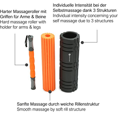 VERGLEICHSSIEGER: „3 in 1“ Faszienrolle als Set „Roll on“ von Sportastisch :: Massagerolle + Faszienrolle + Massageroller mit Griff :: extra lang mit 48cm :: exklusiv 6 verschiedene Zonen für Yoga und Pilates:: unterschiedliche Härtegrade (weich bis hart), ideal für Anfänger oder Fortgeschrittene :: Tragetasche inklusive :: ideal zur Behandlung schmerzender Faszien :: optimales Training für Rücken, Nacken, Beine, Schulter und Oberschenkel:: 3 Jahre Sportastisch Produktgarantie - 3