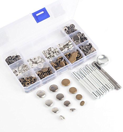 NEW 60 Completed Sets 4 Sizes 10/12.5/15/17mm 3 Colors Silver Brass Gunmetal Black Snap Fasteners Poppers Sewing Leather Buttons Studs in Box with Fixing Tool for Adding Secure Closure to Jackets, Jeans, Bags, Straps and Other Sewing Projects - Popper for Clothes Repair