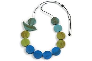 Avalaya Blue/Green/Turquoise Wooden Coin Bead and Bird Black Cotton Cord Long Necklace/ 96cm Max Length/Adjustable