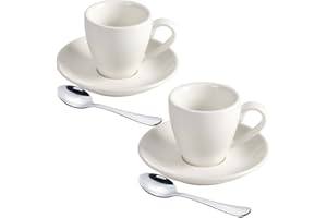 ionEgg Porcelanowy kubek do espresso ze spodkiem i mini łyżkami ze stali nierdzewnej, kubek do espresso, 80 ml, 2 sztuki, biały
