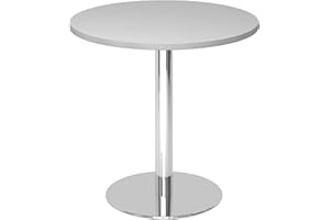 ‎BÜMÖ bümö Besprechungstisch, Esstisch klein, Tisch rund 80 cm - Kleiner Esstisch grau, Rundtisch Esstisch 2 Personen mit Holz-Platte, Säule aus Metall verchromt, Konferenztisch, Bistrotisch