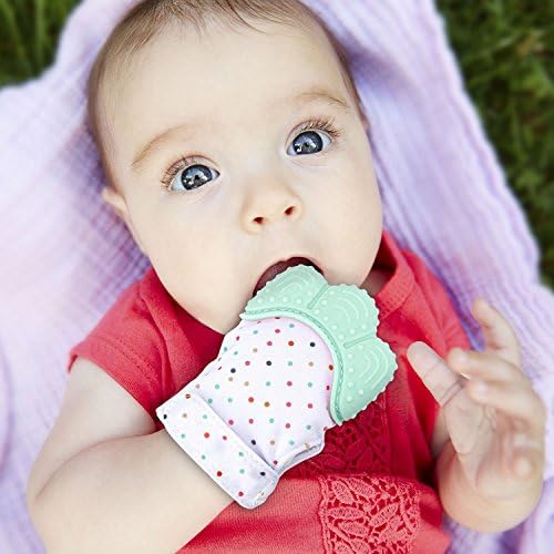 Vaxuia Baby Teething Glove-Patent Sound Design-Teething Mitten is Teether That Stays on Baby's Hand for Self-Soothing Pain Relief-for Baby 2-12 months old-Secure Adjustable Strap-Includes free storage (Mint Green)