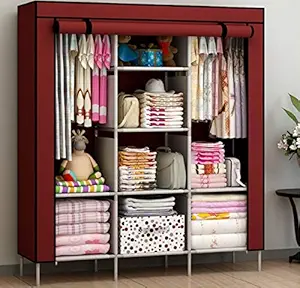 Lukzer 6 + 2 Layer Metal Portable Wardrobe Fabric Almirah Foldable Collapsible Closet/Cabinet 8 Shelves Multipurpose Storage Rack Easy to Move (Need to Be Assembled/Wine Red / 130 x 45 x 175 cm)