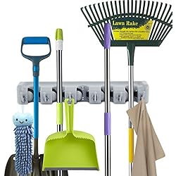 Newdora Porte-Balai Mural 5 Emplacements et 7 Crochets Multi-Taches, Mop Crochet Support de Rangement Mural Multifonctions Porte-Mop, Organisateur Mural Jardinage Cabanon Outil Rack Garage Storage