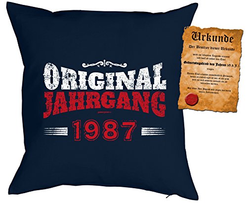 Geburtstags/Jahrgangs-Kissen/Deko Kissen mit Füllung+ Spaß-Urkunde: Original Jahrgang 1987 - geniale Geschenkidee