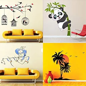 Walltech Combo of 4 Wall Sticker Love Birds with Hearts-(125 x 85 cms) | Baby Panda-(120 x 95 cms) | bansidhar-(65 x 90 cms) | Beach with Sunset-(55 x 60 cms) - Material Vinyl