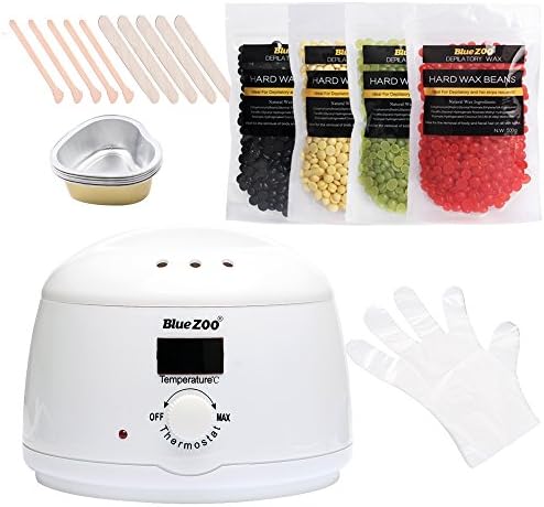 Hair Removal Waxing Kit, 500 ml Electric Wax Warmer + 4 Packs of Hair Removal Hard Wax Beans(Color Black, Cream, Strawberry, Green Tea) + 10 Wax Spatulas + 10 Disposable Gloves + 5 Mini Wax Melting Bowls, Depilatory No Strips