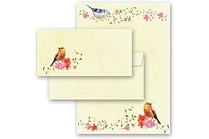 PAPER-MEDIA 20-pc. Complete Motif Letter Paper-Set Birds Chirping 10 Sheets of Stationery Paper + 10 Matching envelopes DIN Long windowless