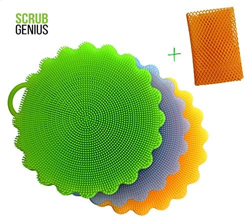 ScrubGenius Silicone Dishwashing Scrubber | Antibacterial Food-Grade Washing Up Sponge Pad | Pack of 3 (Yellow+Blue+Green) with Bonus Net Cloth Scourer