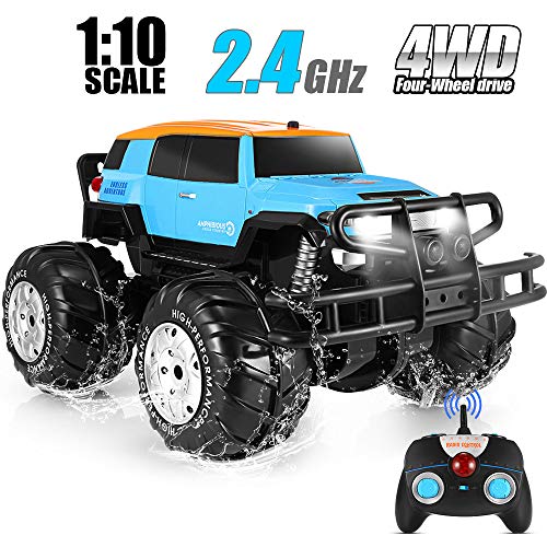 Coche RC 1:10 Escala 2,4GHz RC Car 360° Rotación de Alta Velocidad Anfibio Vehículo Recargable Vehículo Eléctrico con Luz Regalo para Niños/Adultos