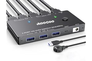 AOOCOO Switch KVM 2 computer 1 monitor 8K@60Hz/4K@120 Hz Switch KVM HDMI con telecomando cablato, alimentatore e cavo USB 3.0 inclusi