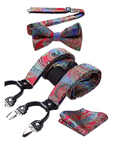 Enlision Floral Paisley 6 Clips Tirantes Ajustables Tirantes Pre-Atado Conjunto Bowtie y panuelo