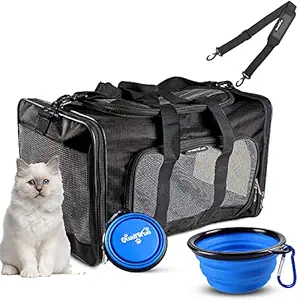 QualiTrue Pet Airline Approved Cat Carrier for Dog Rabbit Puppies Shihtzu Kittens Travel Bag Breathable Mesh for Air, Free Travelling Ebook & Foldable Bowl (20x12x12 Inch)