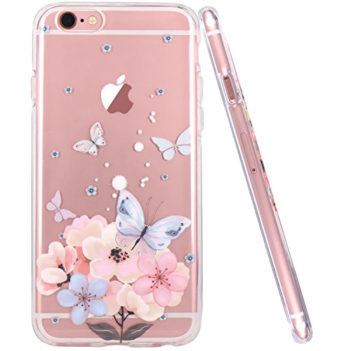 iPhone 6 Case, iPhone 6S Case, JIAXIUFEN Girl Floral TPU Silicone Gel Soft Clear Case Cover for Apple iPhone 6 6S - Light Pink Butterfly Flower