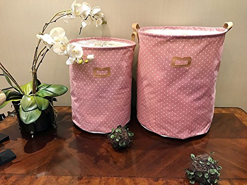 dokehom DKA0811PK Baumwolle Leinen Aufbewahrung Eimer, rund Wäschekorb, erhältlich in 7 Farben Pinke Punkte - 5
