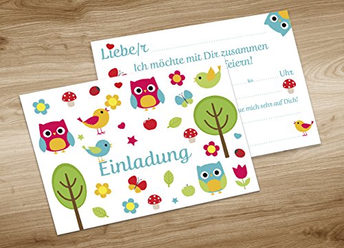 16 Einladungskarten zum Kindergeburtstag – Motiv Eulen – für Kinder, Jungen, Mädchen, Party Feier Geburtstagseinladungen im Set - 3