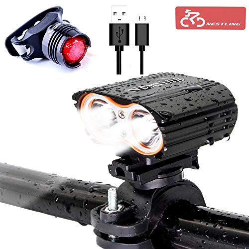 Nestling lumière de vélo Eclairage Avant, 2LED CREE XM USB Rechargeable LED Phare Lampe pour Vélo Puissante, Multi Modes d'éclairage, Antichoc Impermeable IP65 (2400LM-Type3)