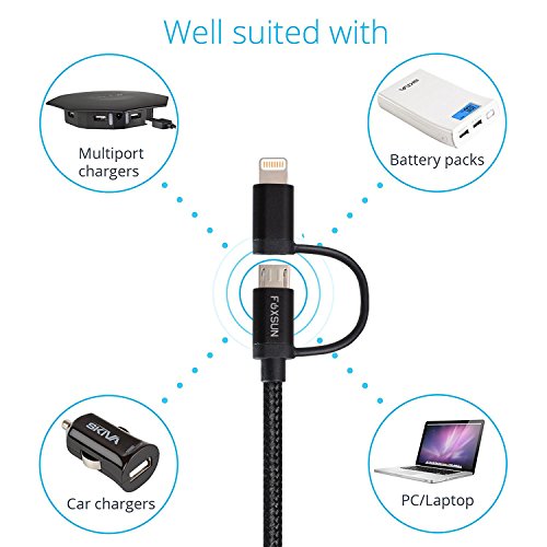 FOXSUN 2 in 1 Ladekabel,1M USB Lightning Kabel iphone Kabel Nylon umflochtenes [Apple MFI Zertifiziert] Iphone Ladekabel für iPhone 7/7 Plus,6S/6S Plus 6/6 Plus, 5/5 S , iPad Air 2, iPad Mini 3 und Android-Schwarz - 4